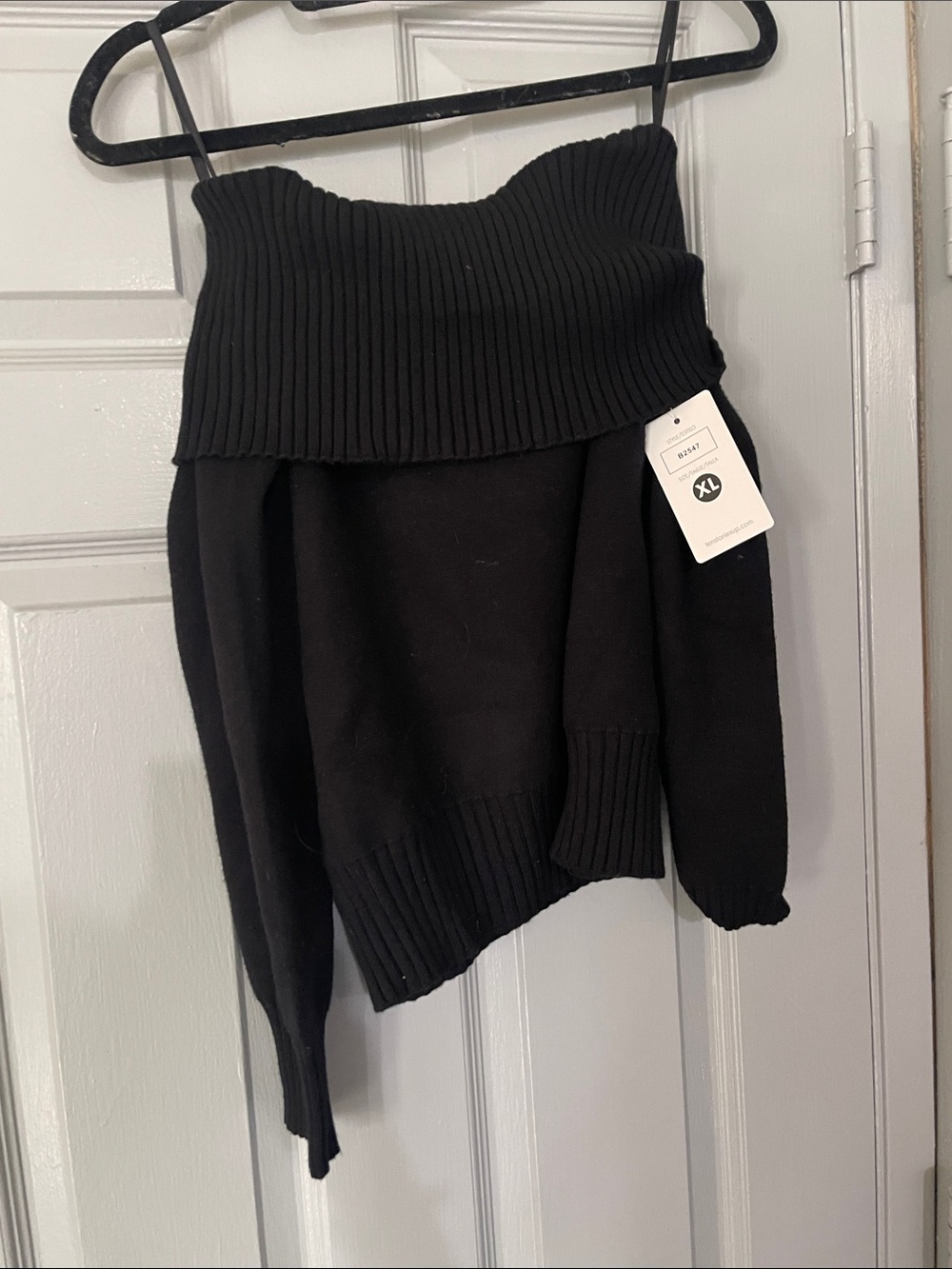 Off-the-Shoulder Ribbed Foldover Sweater in Black